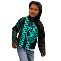 Polynesian Kid Hoodie Hawaiian Warrior and Aloha Girl With Hammerhead Shark Tattoos Turquoise LT6 - Polynesian Pride
