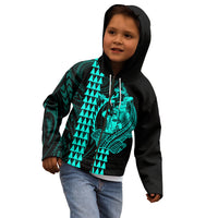 Polynesian Kid Hoodie Hawaiian Warrior and Aloha Girl With Hammerhead Shark Tattoos Turquoise LT6 - Polynesian Pride