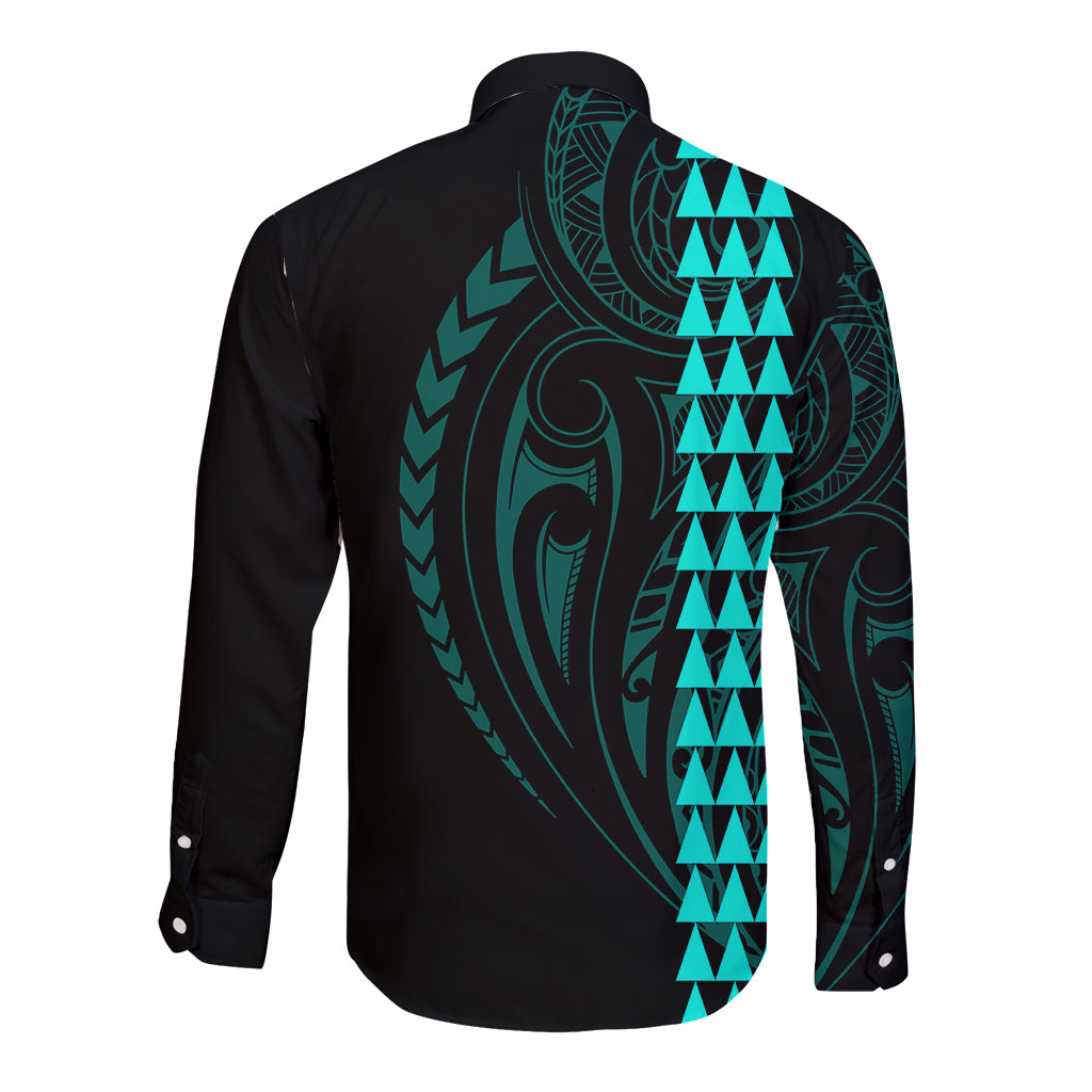 Polynesian Long Sleeve Button Shirt Hawaiian Warrior and Aloha Girl With Hammerhead Shark Tattoos Turquoise LT6 - Polynesian Pride