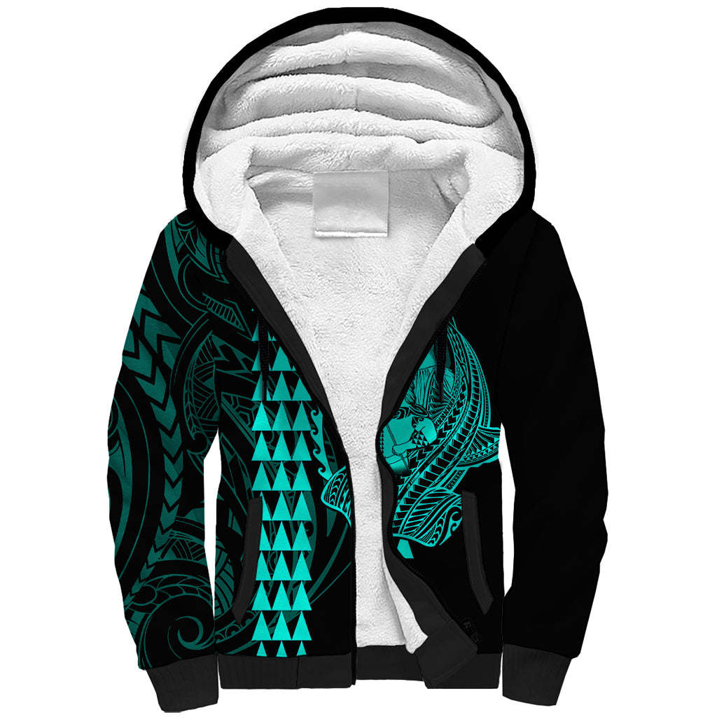 Polynesian Sherpa Hoodie Hawaiian Warrior and Aloha Girl With Hammerhead Shark Tattoos Turquoise LT6 Unisex Green - Polynesian Pride