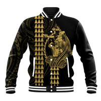Polynesian Baseball Jacket Hawaiian Warrior and Aloha Girl With Hammerhead Shark Tattoos Gold LT6 Unisex Gold - Polynesian Pride
