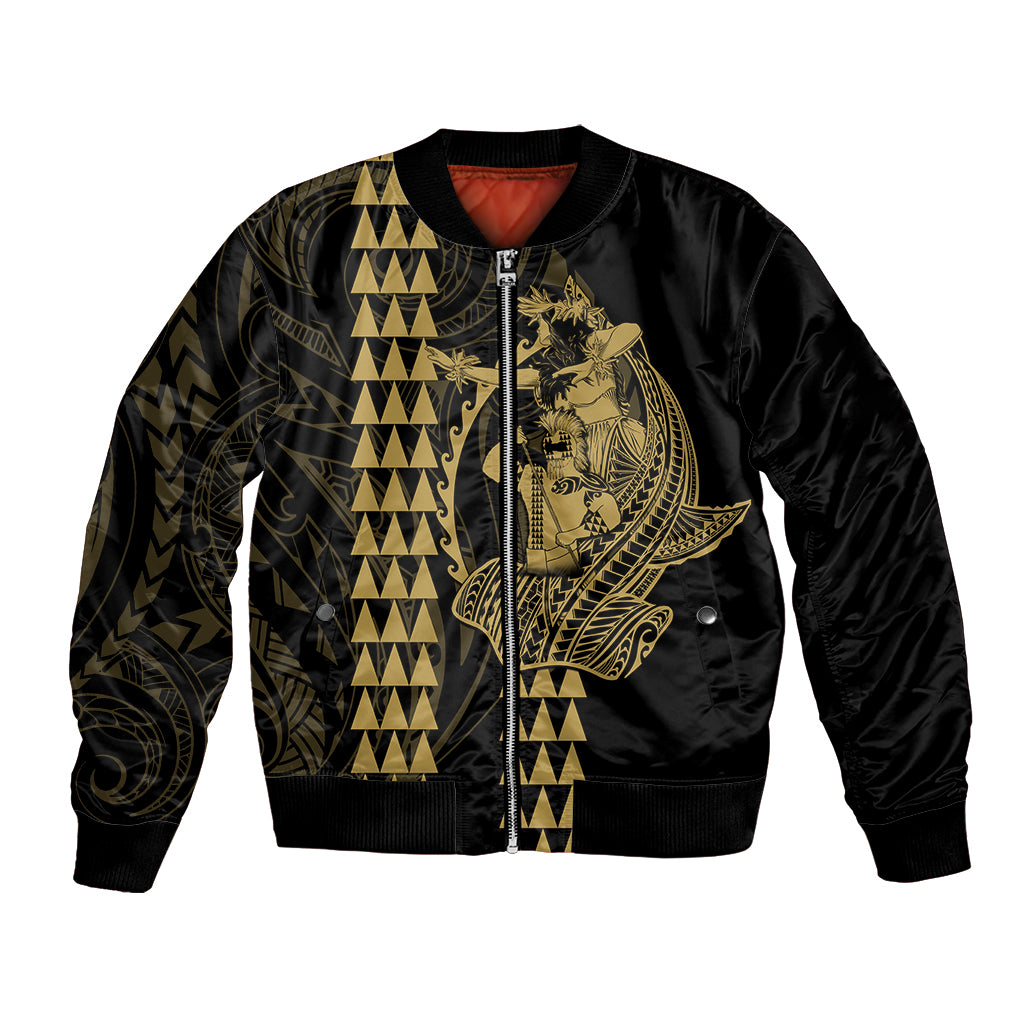 Polynesian Bomber Jacket Hawaiian Warrior and Aloha Girl With Hammerhead Shark Tattoos Gold LT6 Unisex Gold - Polynesian Pride