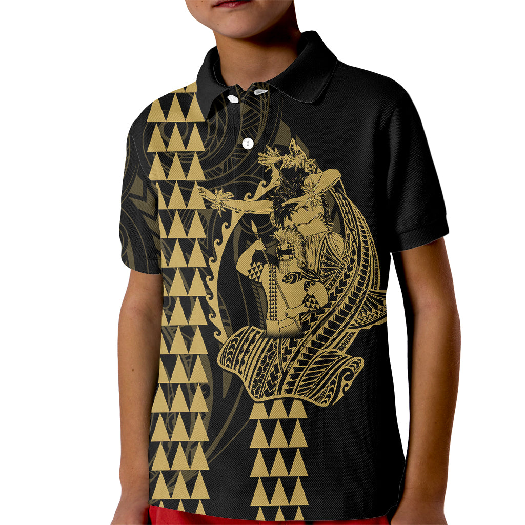 Polynesian Kid Polo Shirt Hawaiian Warrior and Aloha Girl With Hammerhead Shark Tattoos Gold LT6 Kid Gold - Polynesian Pride