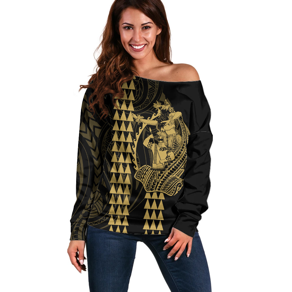 Polynesian Off Shoulder Sweater Hawaiian Warrior and Aloha Girl With Hammerhead Shark Tattoos Gold LT6 Women Gold - Polynesian Pride