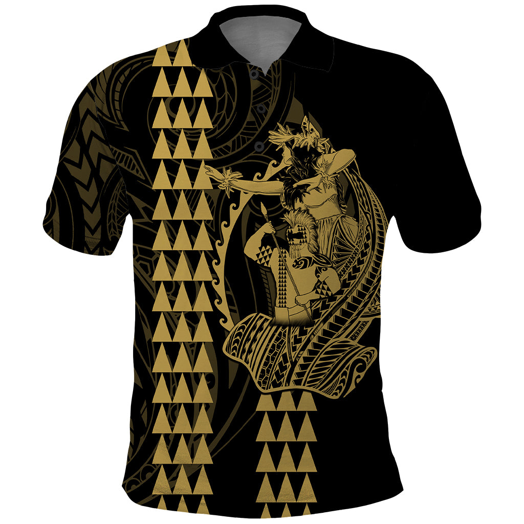 Polynesian Polo Shirt Hawaiian Warrior and Aloha Girl With Hammerhead Shark Tattoos Gold LT6 Gold - Polynesian Pride