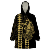 Polynesian Wearable Blanket Hoodie Hawaiian Warrior and Aloha Girl With Hammerhead Shark Tattoos Gold LT6 One Size Gold - Polynesian Pride