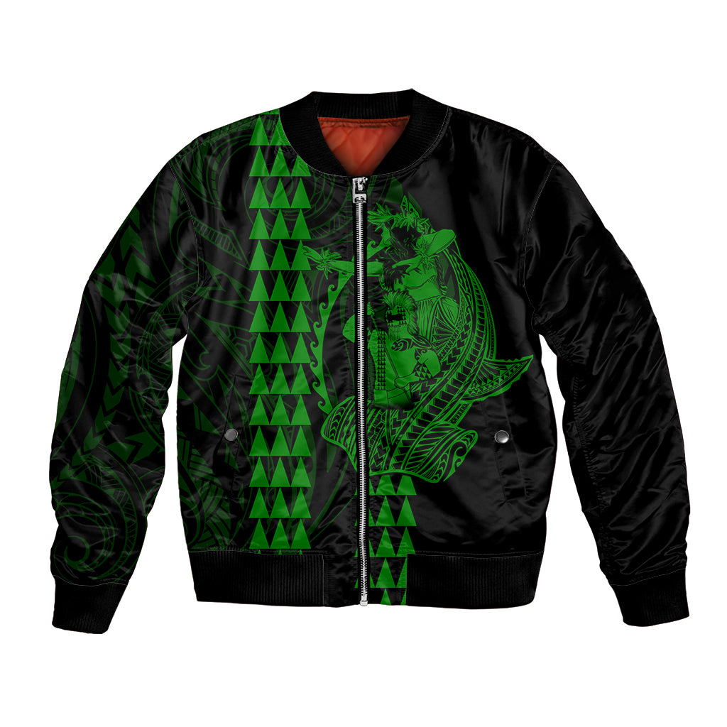 Polynesian Bomber Jacket Hawaiian Warrior and Aloha Girl With Hammerhead Shark Tattoos Green LT6 Unisex Green - Polynesian Pride