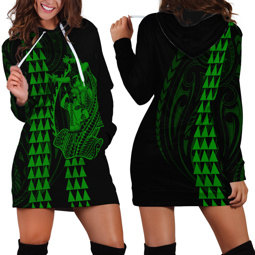 Polynesian Hoodie Dress Hawaiian Warrior and Aloha Girl With Hammerhead Shark Tattoos Green LT6 - Polynesian Pride