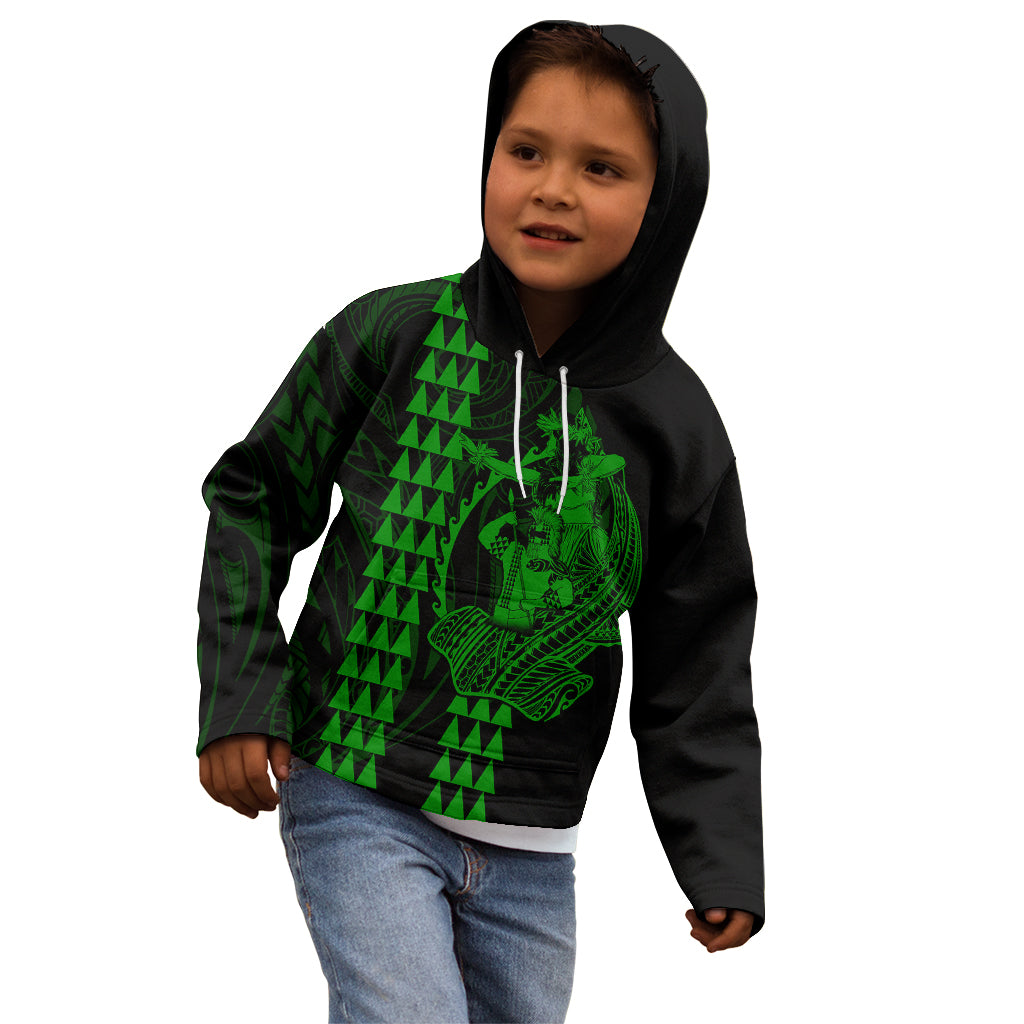 Polynesian Kid Hoodie Hawaiian Warrior and Aloha Girl With Hammerhead Shark Tattoos Green LT6 - Polynesian Pride