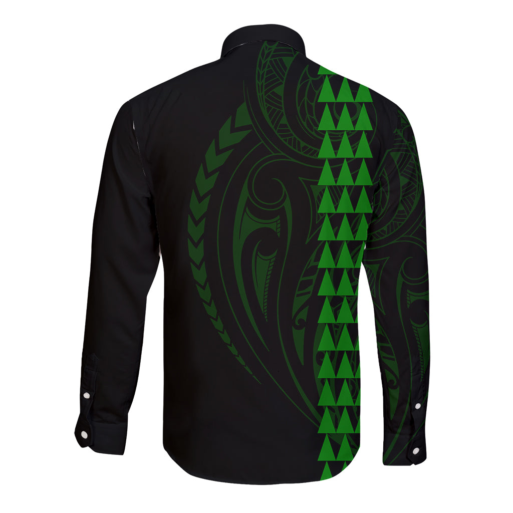 Polynesian Long Sleeve Button Shirt Hawaiian Warrior and Aloha Girl With Hammerhead Shark Tattoos Green LT6 - Polynesian Pride