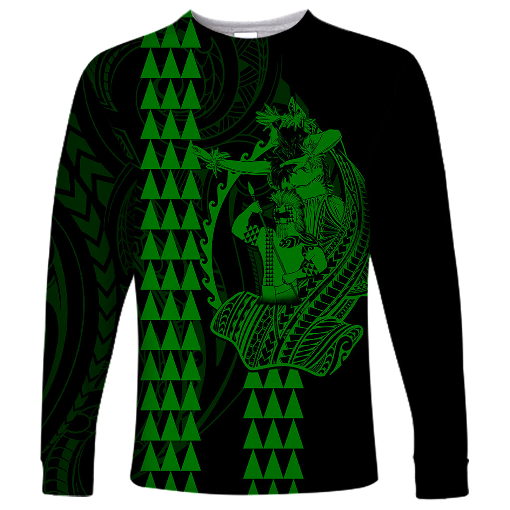 Polynesian Long Sleeve Shirt Hawaiian Warrior and Aloha Girl With Hammerhead Shark Tattoos Green LT6 Unisex Green - Polynesian Pride