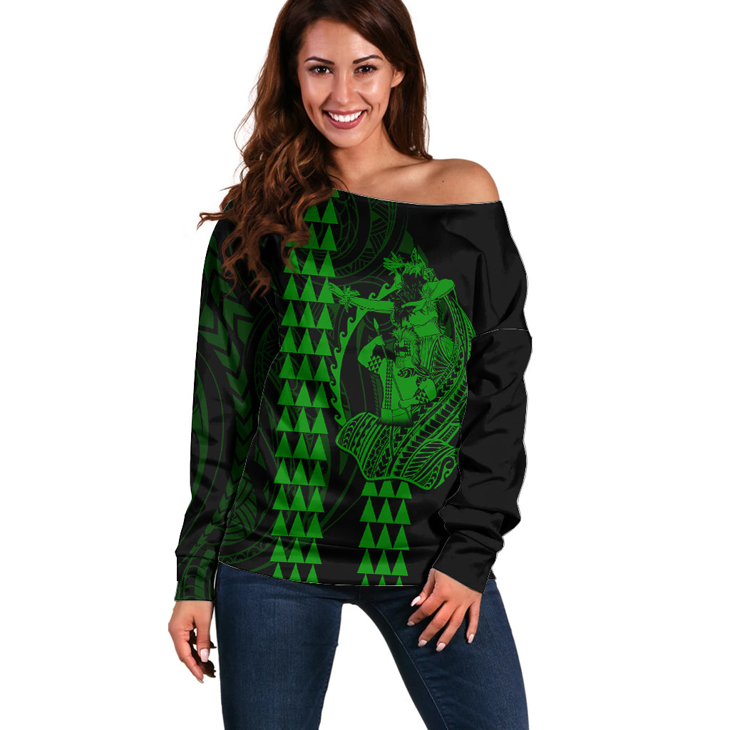 Polynesian Off Shoulder Sweater Hawaiian Warrior and Aloha Girl With Hammerhead Shark Tattoos Green LT6 Women Green - Polynesian Pride