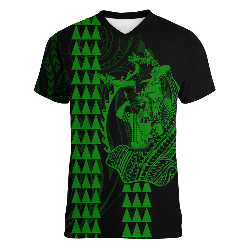 Polynesian Women V Neck T Shirt Hawaiian Warrior and Aloha Girl With Hammerhead Shark Tattoos Green LT6 Female Green - Polynesian Pride