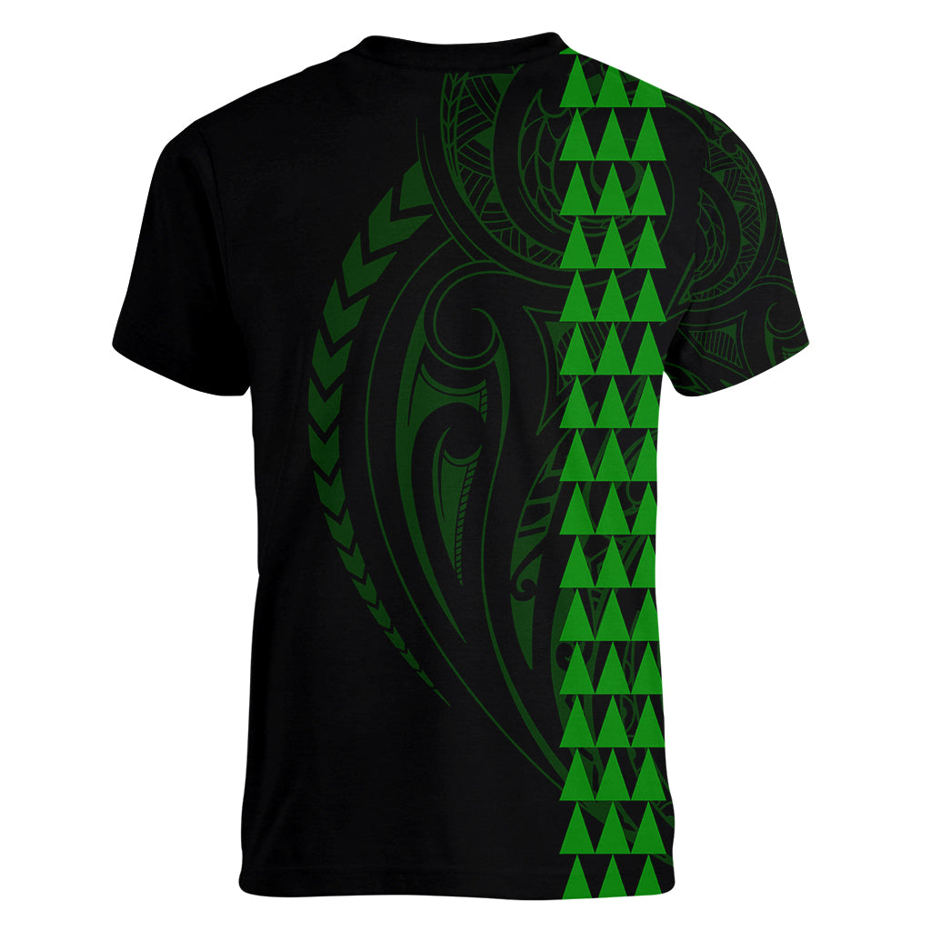 Polynesian Women V Neck T Shirt Hawaiian Warrior and Aloha Girl With Hammerhead Shark Tattoos Green LT6 - Polynesian Pride