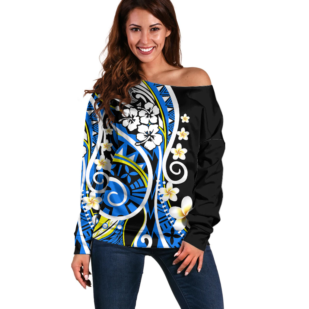 Plumeria Polynesian Off Shoulder Sweater Trending Blue LT6 Women Blue - Polynesian Pride