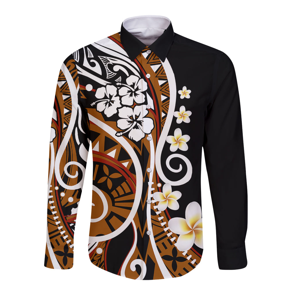 Plumeria Polynesian Long Sleeve Button Shirt Trending Brown LT6 Unisex Brown - Polynesian Pride