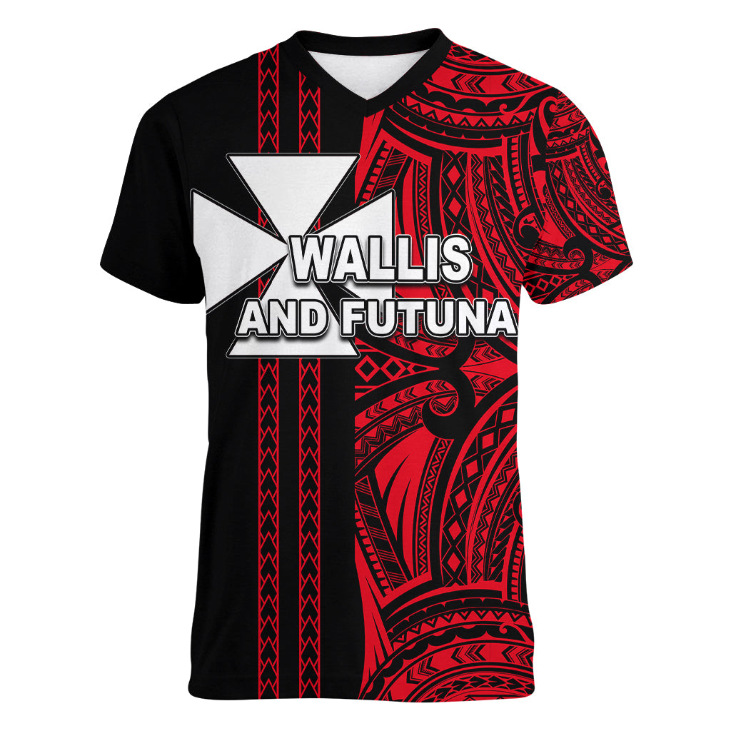 Custom Wallis and Futuna Women V Neck T Shirt Polynesian Tribal Red LT6 Female Red - Polynesian Pride