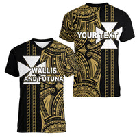 Custom Wallis and Futuna Women V Neck T Shirt Polynesian Tribal Gold LT6 - Polynesian Pride