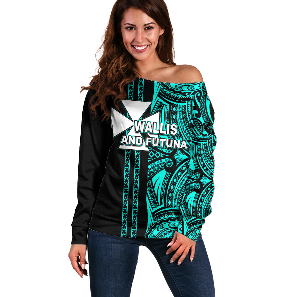 Custom Wallis and Futuna Off Shoulder Sweater Polynesian Tribal Green LT6 Women Green - Polynesian Pride