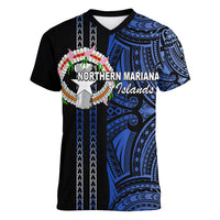 Custom Northern Mariana Islands Women V Neck T Shirt Polynesian Tribal LT6 Female Blue - Polynesian Pride