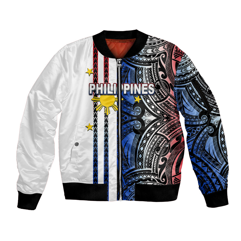 Custom Philippines Sleeve Zip Bomber Jacket Polynesian Tribal White LT6 Unisex White - Polynesian Pride