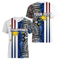 Custom Philippines Women V Neck T Shirt Polynesian Tribal White LT6 - Polynesian Pride