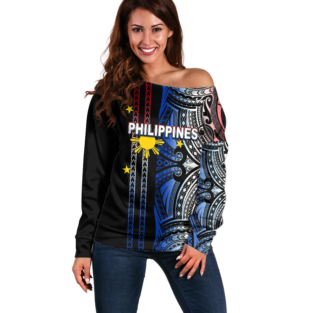 Custom Philippines Off Shoulder Sweater Polynesian Tribal Black LT6 Women Black - Polynesian Pride