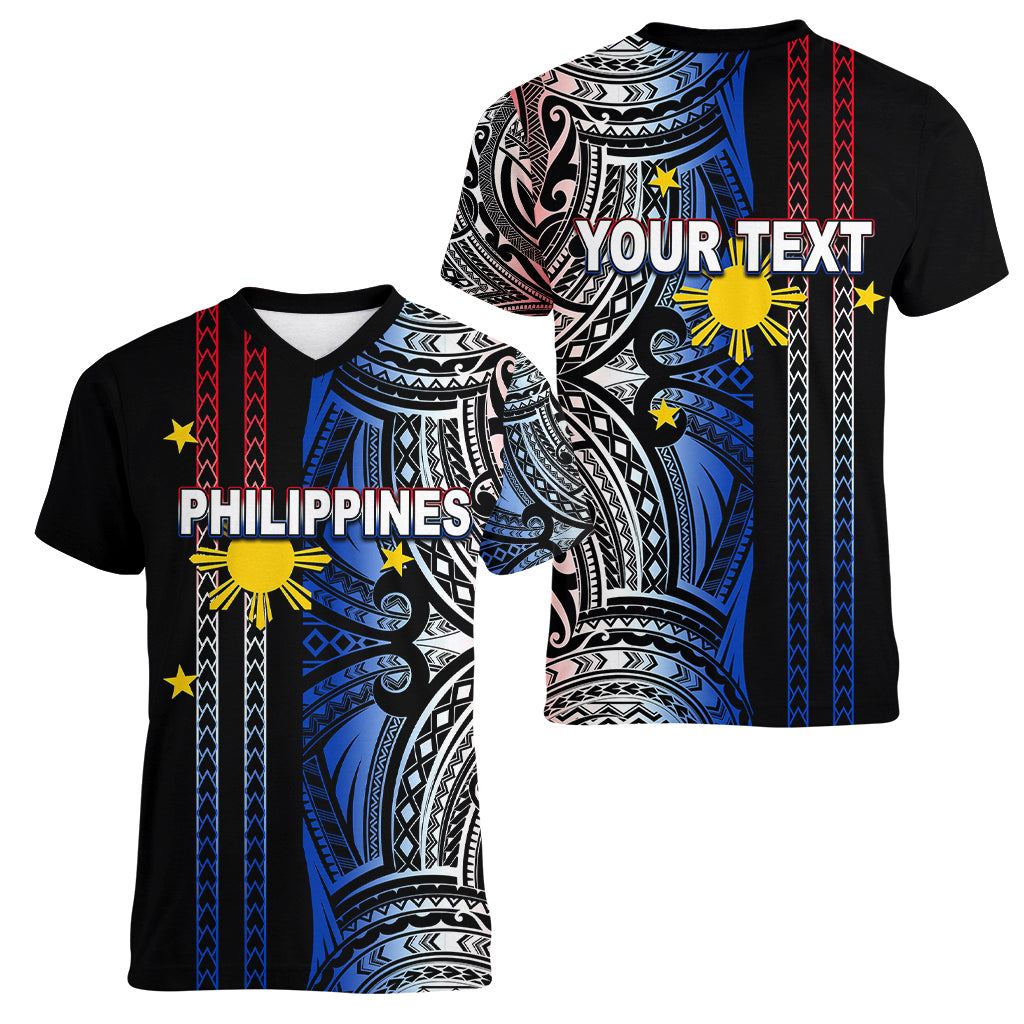 Custom Philippines Women V Neck T Shirt Polynesian Tribal Black LT6 - Polynesian Pride