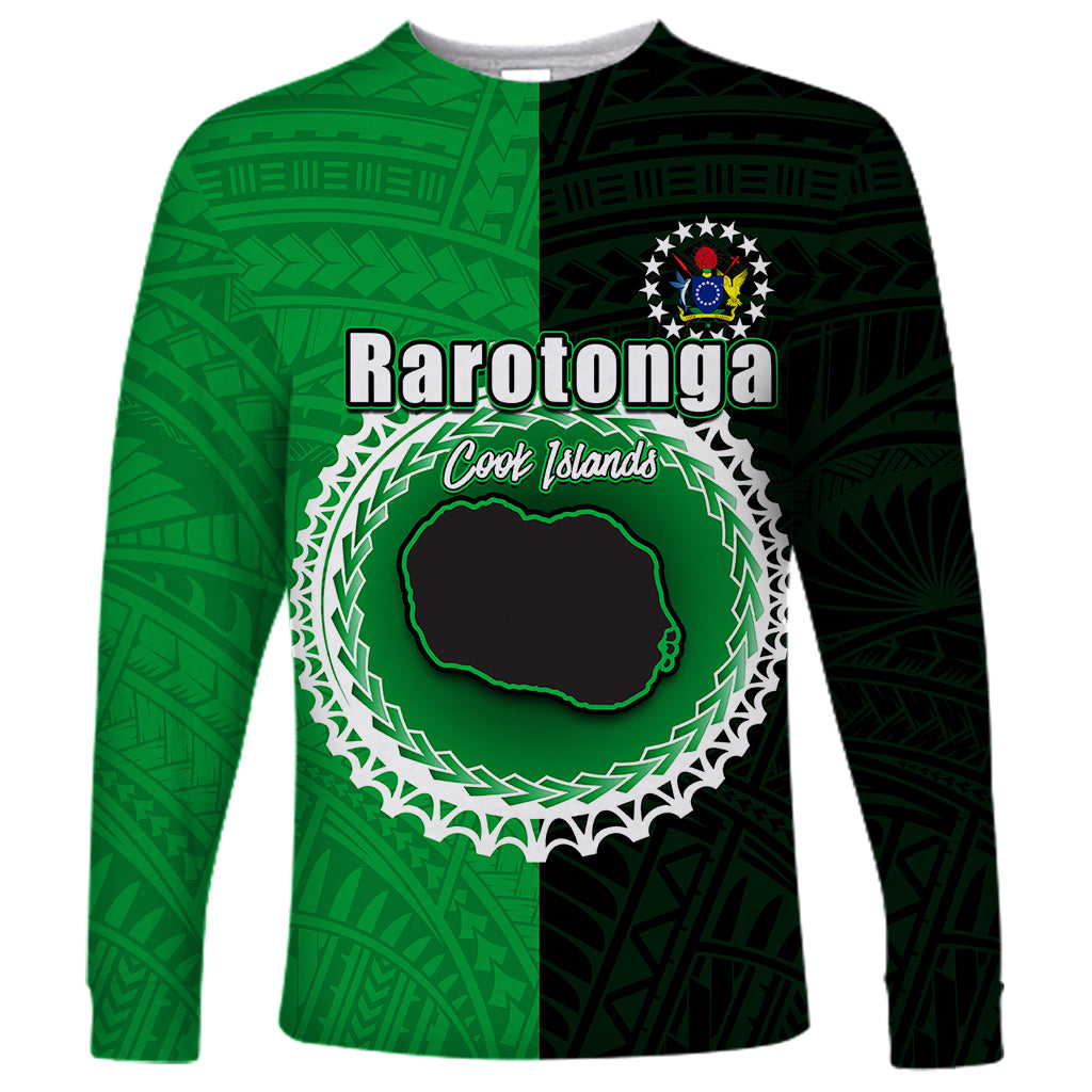 Custom Rarotonga Of Cook Islands Long Sleeve Shirt Mix Half Black LT6 Unisex Green - Polynesian Pride