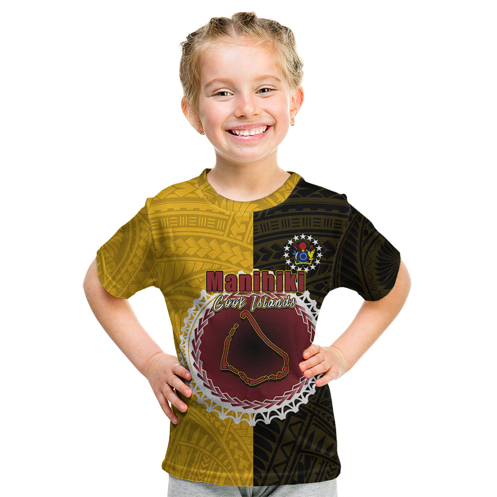 Custom Manihiki Of Cook Islands Kid T Shirt Mix Half Black LT6 Yellow - Polynesian Pride