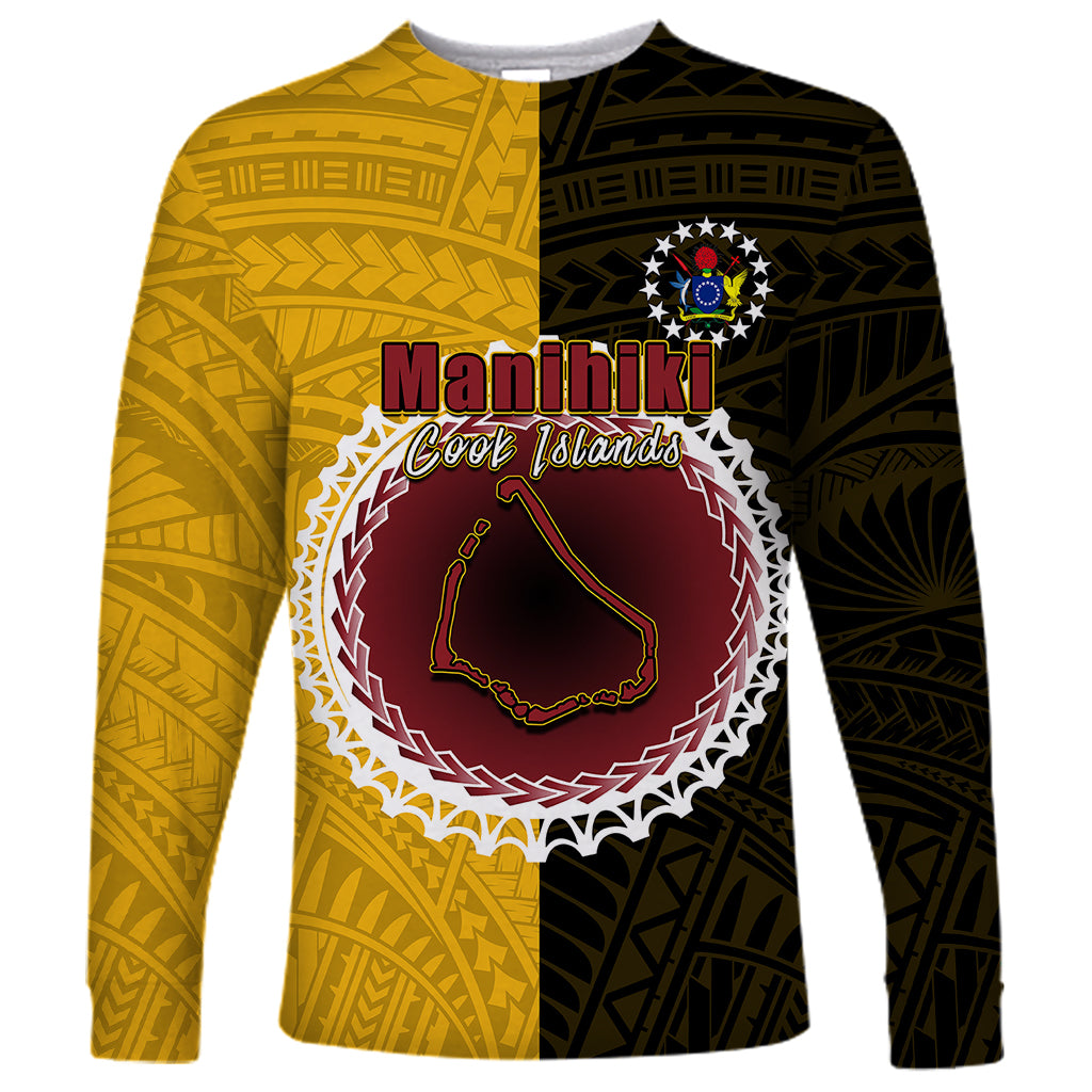 Custom Manihiki Of Cook Islands Long Sleeve Shirt Mix Half Black LT6 Unisex Yellow - Polynesian Pride