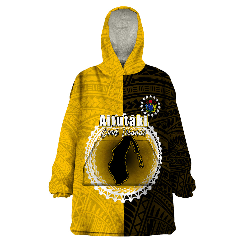 Custom Atutaki Of Cook Islands Wearable Blanket Hoodie Mix Half Black LT6 One Size Yellow - Polynesian Pride