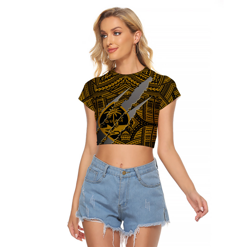 Polynesian Guam Raglan Cropped T Shirt with Coat Of Arms Claws Style - Gold LT6 Female Gold - Polynesian Pride