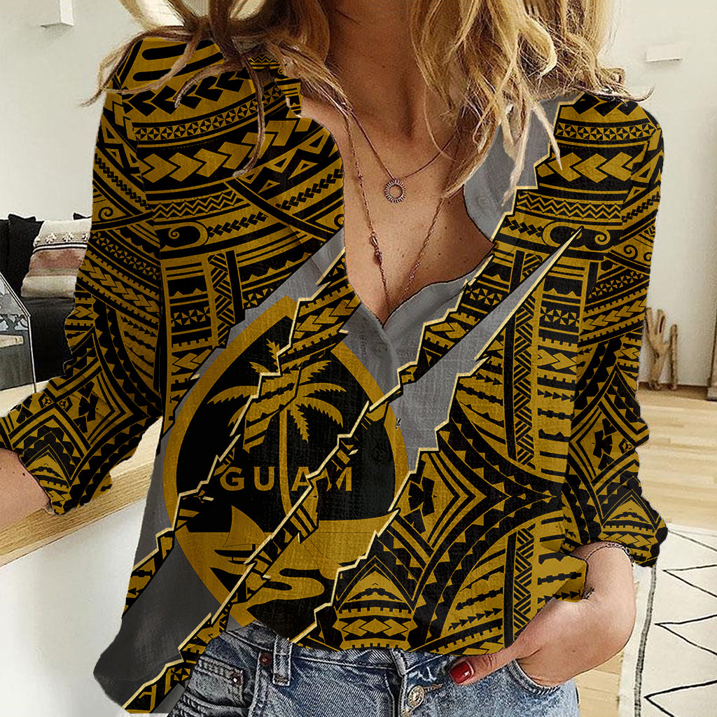 Polynesian Guam Women Casual Shirt with Coat Of Arms Claws Style - Gold LT6 Female Gold - Polynesian Pride