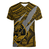 Polynesian Guam Women V Neck T Shirt with Coat Of Arms Claws Style - Gold LT6 Female Gold - Polynesian Pride