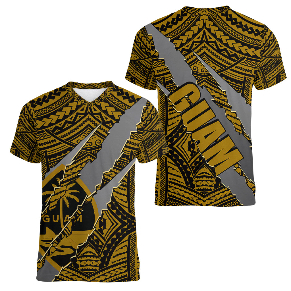 Polynesian Guam Women V Neck T Shirt with Coat Of Arms Claws Style - Gold LT6 - Polynesian Pride