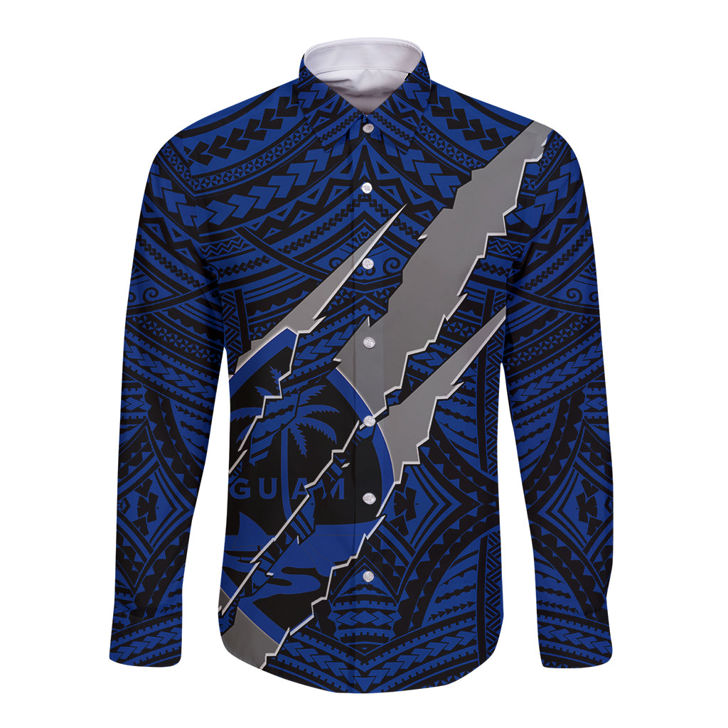Polynesian Guam Long Sleeve Button Shirt with Coat Of Arms Claws Style - Blue LT6 Unisex Blue - Polynesian Pride