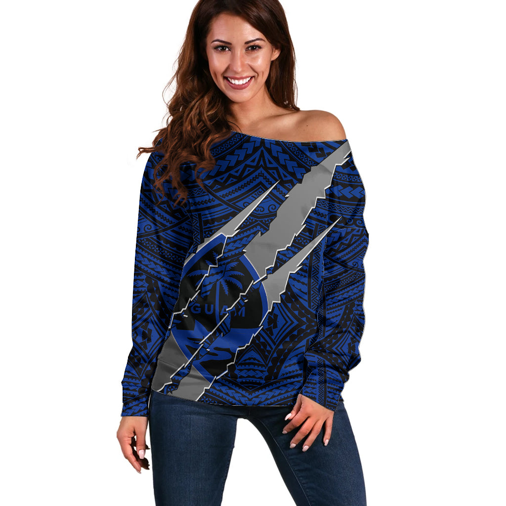 Polynesian Guam Off Shoulder Sweater with Coat Of Arms Claws Style - Blue LT6 Women Blue - Polynesian Pride