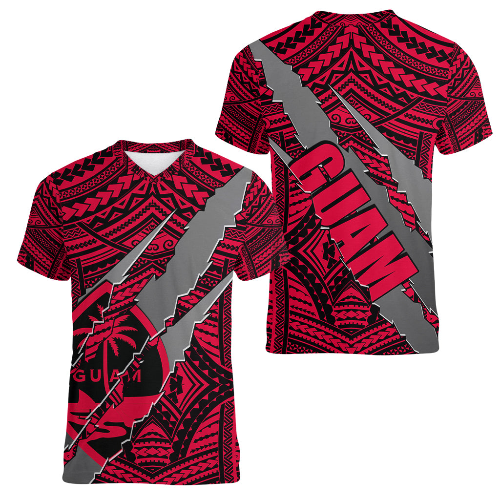 Polynesian Guam Women V Neck T Shirt with Coat Of Arms Claws Style - Red LT6 - Polynesian Pride