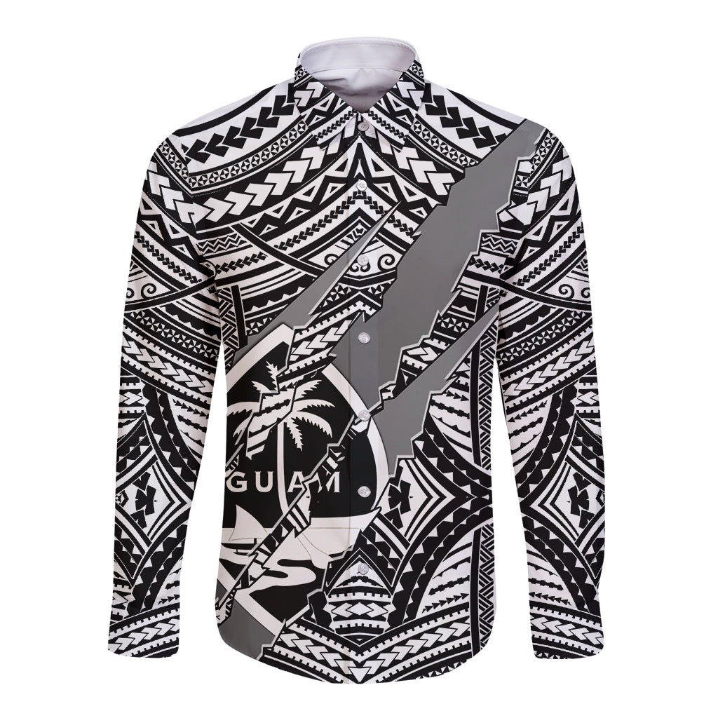 Polynesian Guam Long Sleeve Button Shirt with Coat Of Arms Claws Style - White LT6 Unisex White - Polynesian Pride