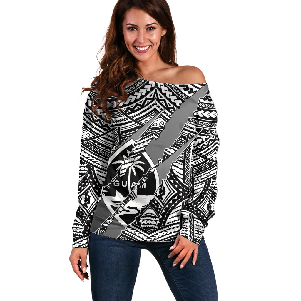 Polynesian Guam Off Shoulder Sweater with Coat Of Arms Claws Style - White LT6 Women White - Polynesian Pride