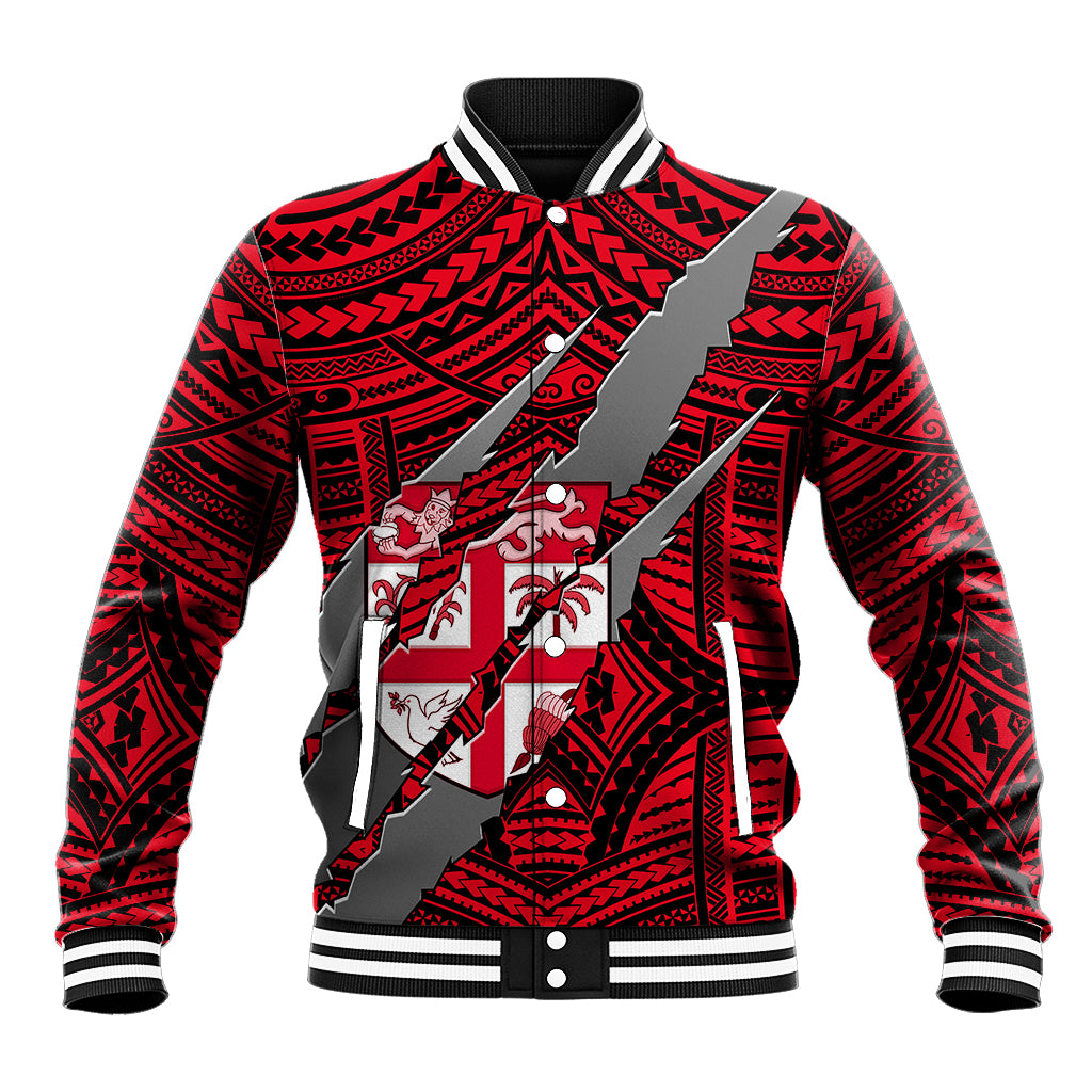 Polynesian Fiji Baseball Jacket with Coat Of Arms Claws Style - Red LT6 Unisex Red - Polynesian Pride