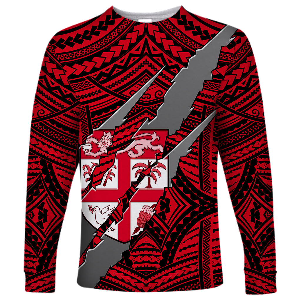 Polynesian Fiji Long Sleeve Shirt with Coat Of Arms Claws Style - Red LT6 Unisex Red - Polynesian Pride