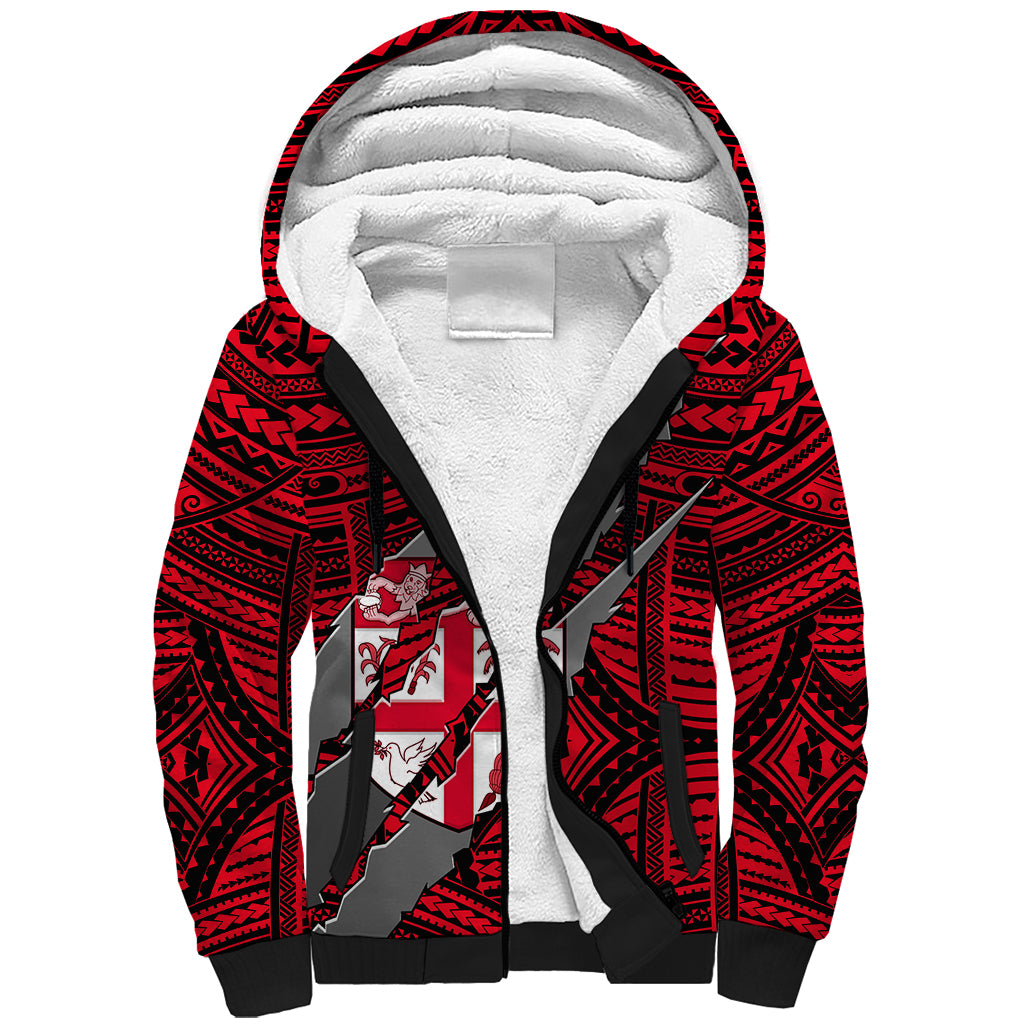 Polynesian Fiji Sherpa Hoodie with Coat Of Arms Claws Style - Red LT6 Unisex Red - Polynesian Pride