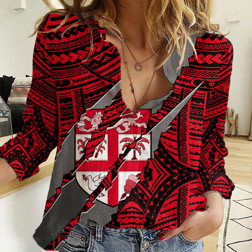 Polynesian Fiji Women Casual Shirt with Coat Of Arms Claws Style - Red LT6 Female Red - Polynesian Pride