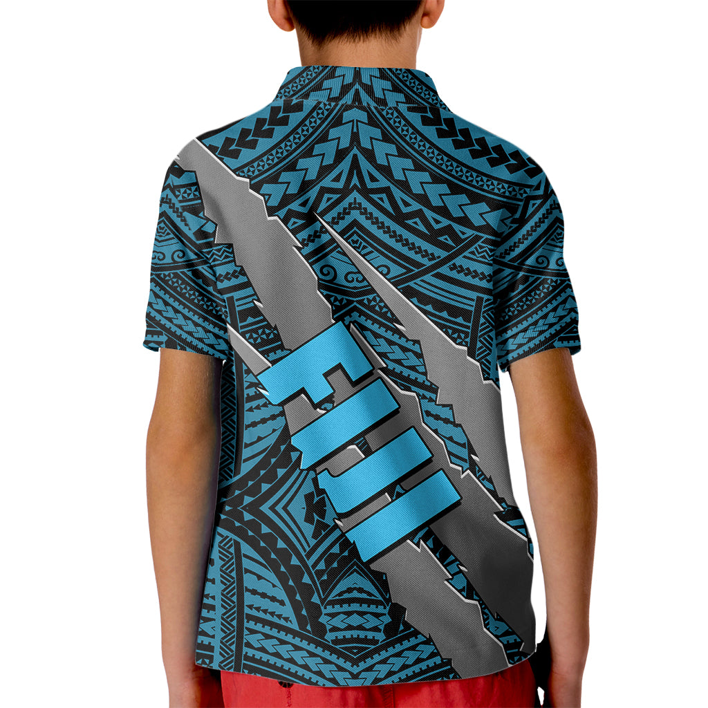 Polynesian Fiji Kid Polo Shirt with Coat Of Arms Claws Style - Blue LT6 - Polynesian Pride