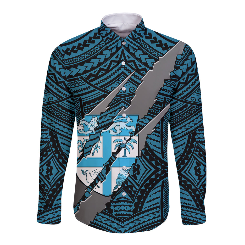 Polynesian Fiji Long Sleeve Button Shirt with Coat Of Arms Claws Style - Blue LT6 Unisex Blue - Polynesian Pride