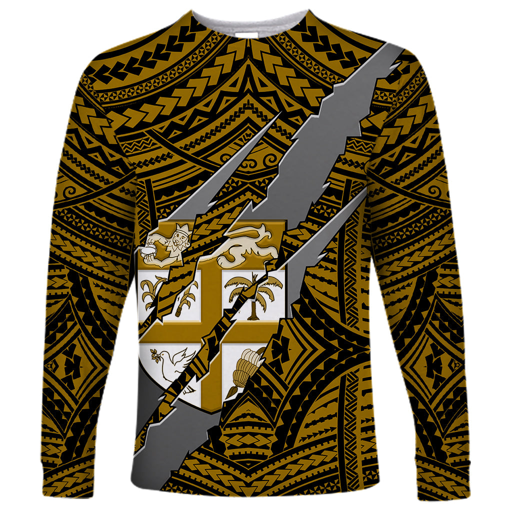 Polynesian Fiji Long Sleeve Shirt with Coat Of Arms Claws Style - Gold LT6 Unisex Gold - Polynesian Pride