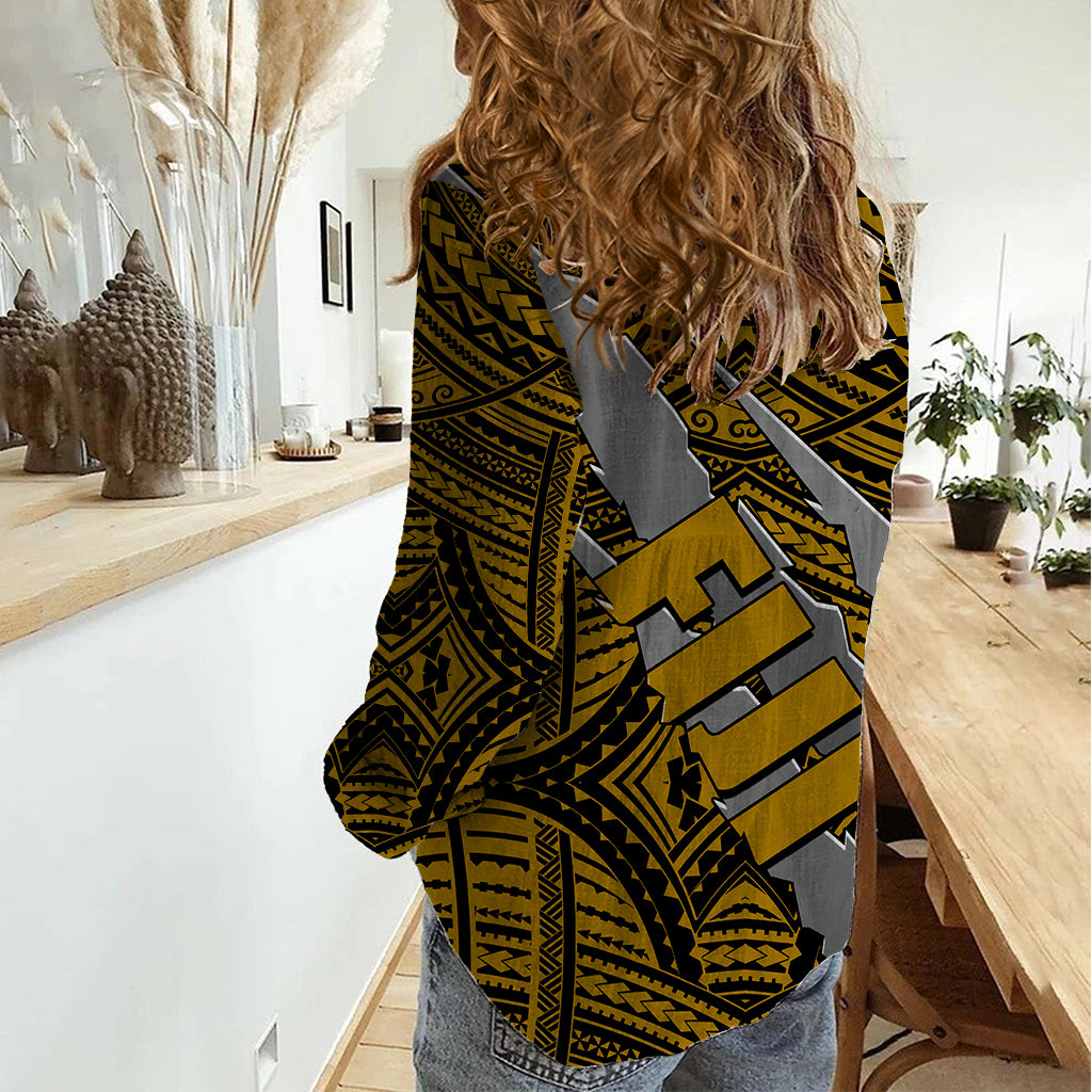 Polynesian Fiji Women Casual Shirt with Coat Of Arms Claws Style - Gold LT6 - Polynesian Pride