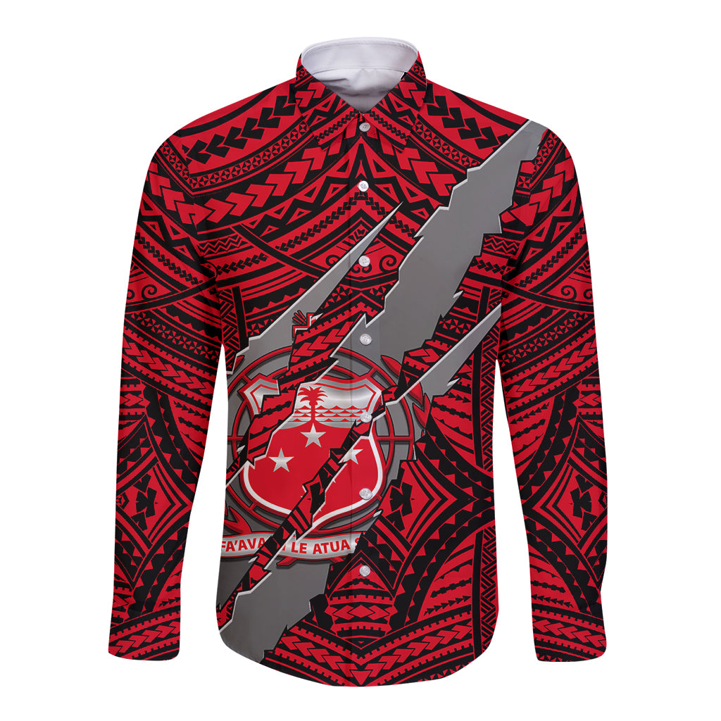 Polynesian Samoa Long Sleeve Button Shirt with Coat Of Arms Claws Style - Red LT6 Unisex Red - Polynesian Pride